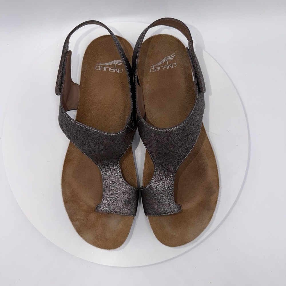 Dansko Reece Sandals Women's 40/10-10.5 Pewter Leather Toe Loop Cork Wedge Shoes - Picture 6 of 8